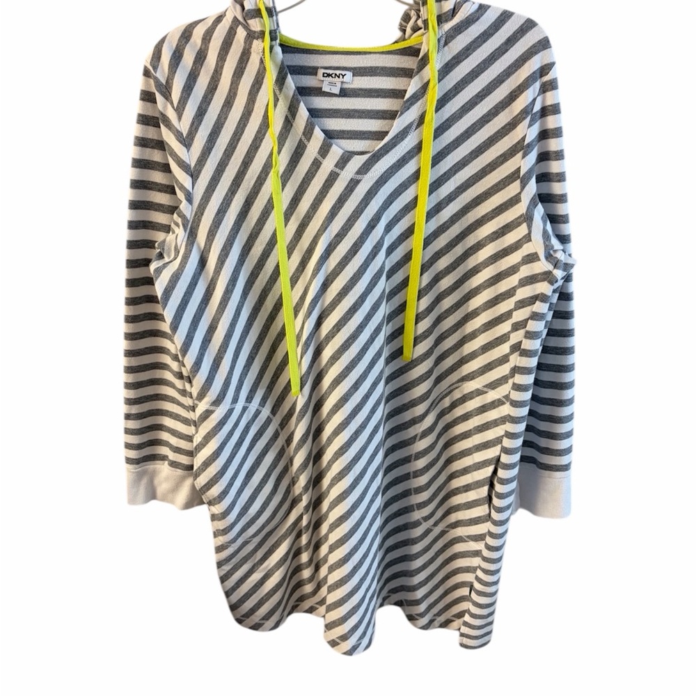 DKNY Gray and White Striped Hooded Dress/cover up with Yellow Highlights